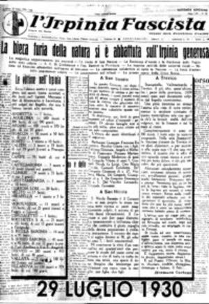 La prima pagina di un giornale dell'epoca dedicata al terremoto del 1930