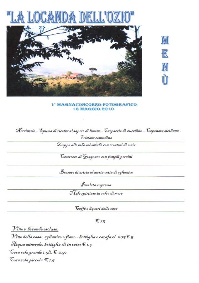 un menu della locanda dell'ozio